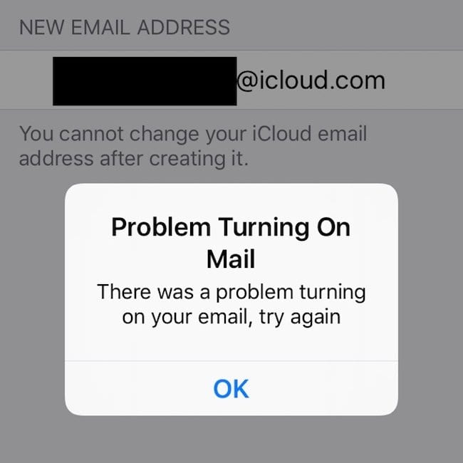 «Проблема с включением почты» при создании адреса электронной почты iCloud
